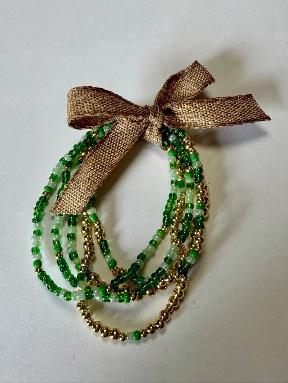 Green & Gold Multi-Strand Beaded Bracelet with Bow